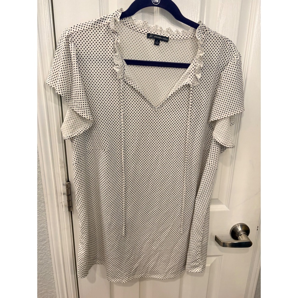 Adrianna Papell Blouse White Polka Dot Ruffle Flutter Sleeve V-Neck Top